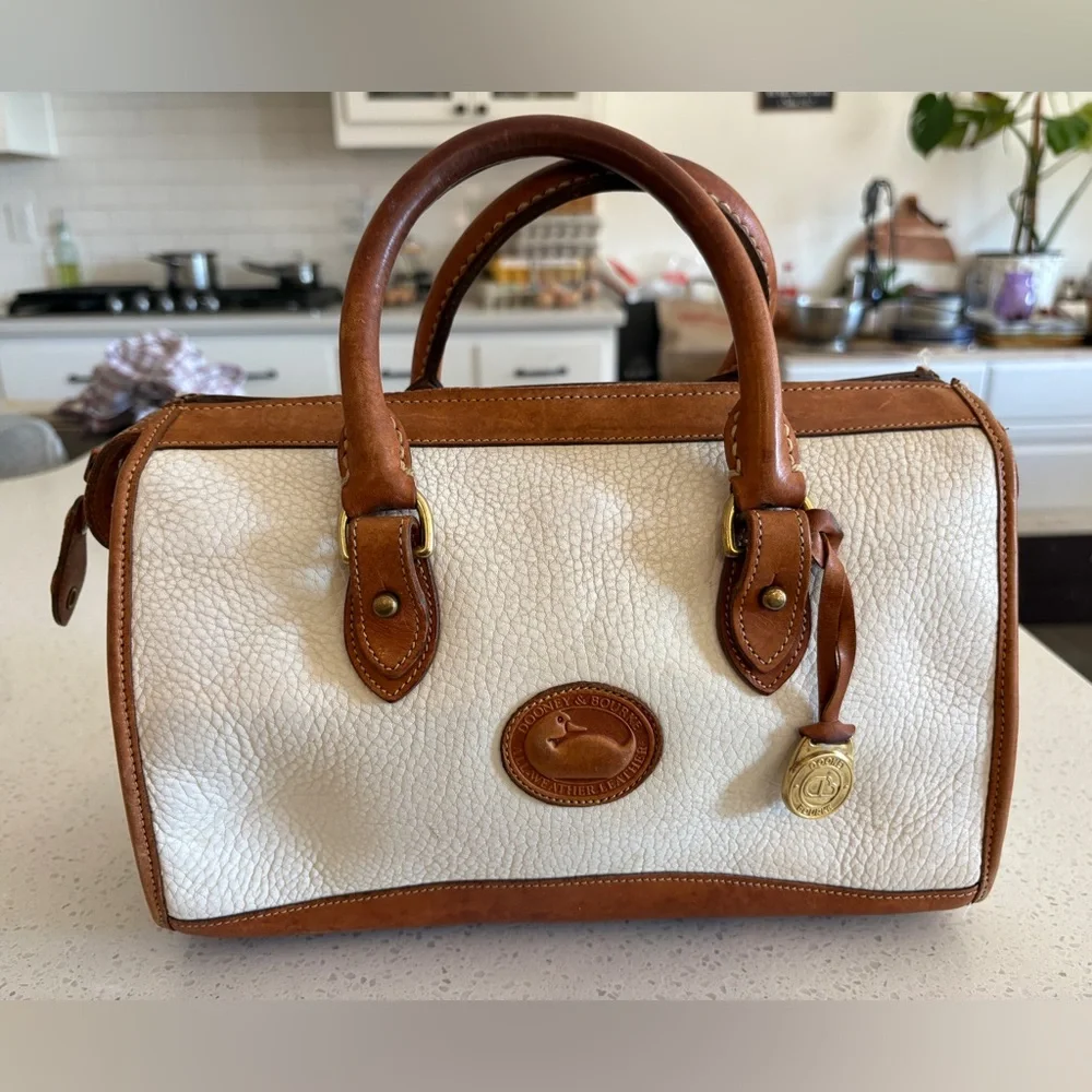 Dooney & Bourke Cream Pebbled Leather Satchel with Brown Trim